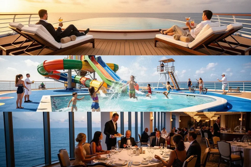 Représentation des ambiances de croisière avec espaces de détente chics et zones d'activités familiales à bord