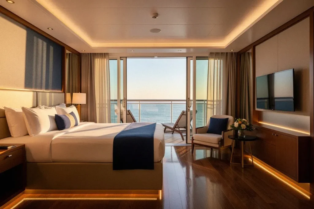 Intérieur lumineux d'une cabine de croisière moderne avec grand balcon ouvert sur l'océan