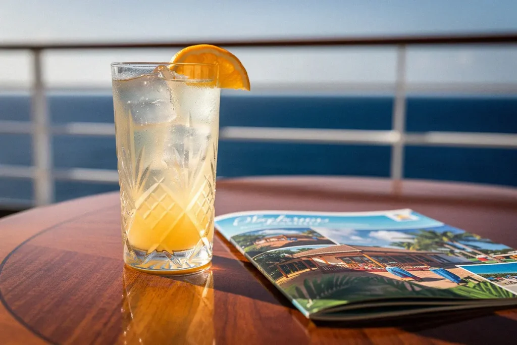 Un cocktail rafraîchissant posé sur une table de balcon de cabine de croisière avec vue sur la mer